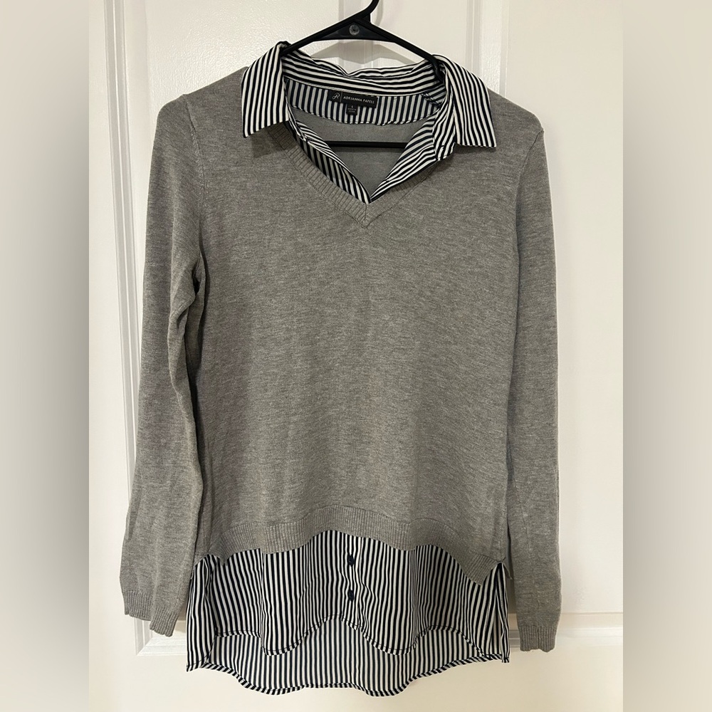 Adrianna Papell Gray Sweater with Striped Collar